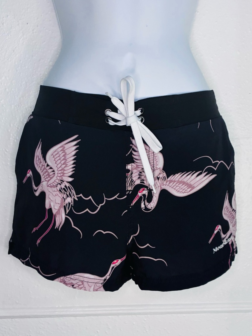 Meegsking Black and Pink Crane Print Women's Board Shorts Sz.M